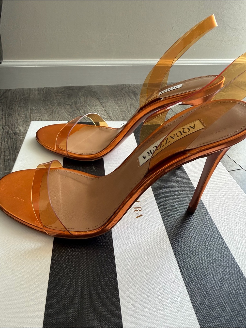Aquazzura So Nude Plexi 105 Metallic Mandarin Orange Sandals Heels – Size 37.5 - Picture 6 of 9